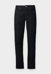 Dunkelblaue Jeans mit geradem Schnitt, ausgestattet mit einem Knopfverschluss, fünf Taschen und kontrastierenden Nähdetails.