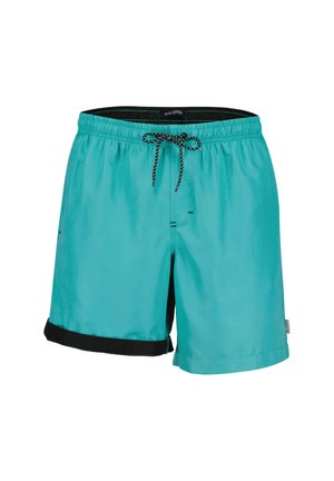 Turkise badeshorts med sort kant forneden, elastisk taljebånd og sort bindesnor. Fremstillet af let, glat stof.