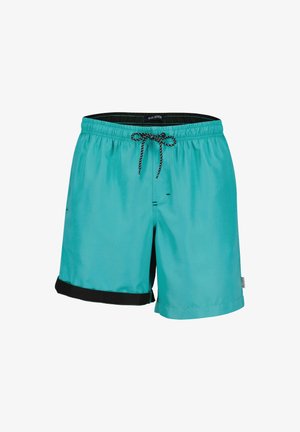 Türkisfarbene Badeshorts mit schwarzem Akzent am Saum, elastischem Bund und schwarzer Kordel. Hergestellt aus leichtem, glattem Stoff.