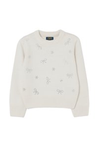 Romantische crème trui met een ronde halslijn, versierd met zilveren strikken en sneeuwvlokdetails. Ribgebreide manchetten en onderrand zorgen voor textuur.