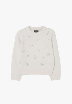 Maglione crema con scollatura rotonda, decorato con un fiocco argento e dettagli di fiocchi di neve. Le maniche e l'orlo a coste aggiungono texture.