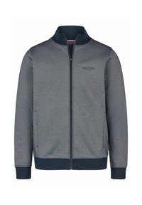 Navy blauwe en grijze herenjack met volledige rits, opstaande kraag, zijzakken, ribgebreide cuffs en zoom, en subtiel "Hechter Paris" logo op de borst.