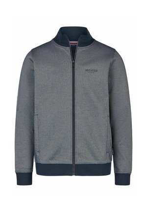 Vollzip navyblaue und graue Herrenjacke mit Stehkragen, seitlichen Taschen, gerippten Bündchen und Saum sowie dezentem "Hechter Paris"-Logo auf der Brust.