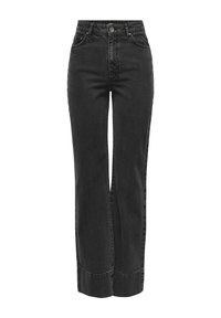Jeans de mezclilla negra de cintura alta con piernas anchas, que cuentan con cinco bolsillos, cierre frontal con botón y costuras sutiles a lo largo del dobladillo.