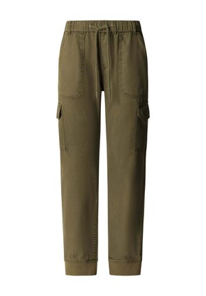 Pantaloni cargo verde oliva con vita elasticizzata, coulisse, tasche applicate frontali, tasche laterali con aletta e polsini elasticizzati.