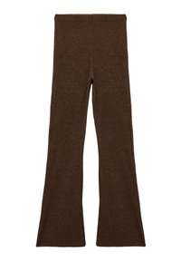 Bruna ribbade utställda leggings med en elastisk midjeband. Tyget har en mjuk textur och ett enhetligt mönster genom hela plagget.