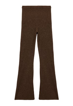 Brown ribbed flared leggings with a stretchy waistband. The fabric has a soft texture and a consistent pattern throughout.