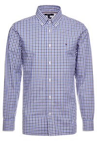 Camicia a maniche lunghe con bottoni, in un motivo a quadretti blu e bianchi. Realizzata in cotone, con colletto a punta e chiusura frontale con bottoni.