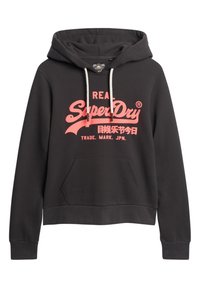 Felpa con cappuccio grigio scuro, dotata di tasca frontale, cordoncini e logo "SuperDry" rosa. Presenta polsini e vita a coste, realizzata in tessuto morbido.