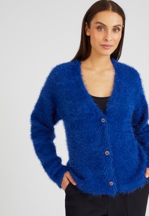 Blauwe fluffy cardigan met een V-hals, lange mouwen en vijf decoratieve knopen. Zachte textuur en een losse pasvorm voor comfort.