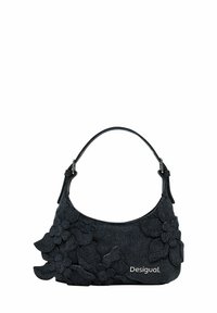 Dark denim shoulder bag with floral appliqué design, featuring a curved shape, short handle, and silver branding detail.