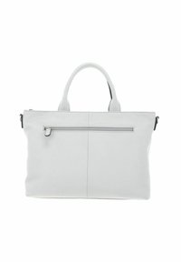 Borsa tote in pelle bianca con doppi manici, dotata di una tasca frontale con zip e una texture liscia. Design minimalista con dettagli di cucitura discreti.
