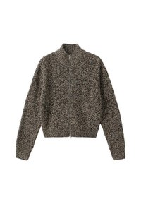 Sweter zapinany na zamek, wykonany z włóczki w ciemnym brązowym i beżowym odcieniu. Posiada wysoki kołnierz, długie rękawy oraz teksturowany, gruby wzór.