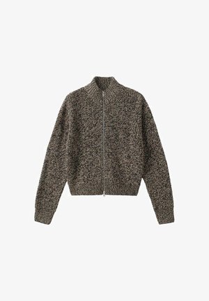 Knit zip-up sweater in dark brown and beige tones. Features a high collar, long sleeves, and a textured, chunky design.