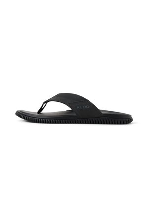 Black ALDO flip-flop sandal with textured footbed, thick sole, and wide strap featuring the brand name on a white background.