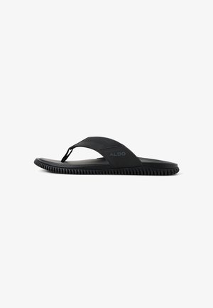 Black ALDO flip-flop sandal with textured footbed, thick sole, and wide strap featuring the brand name on a white background.