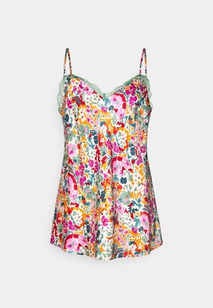 Blomstret camitop med justerbare stropper, der har et flerefarvet mønster af pink, grønne og orange blomster på en lys baggrund samt blondekant.