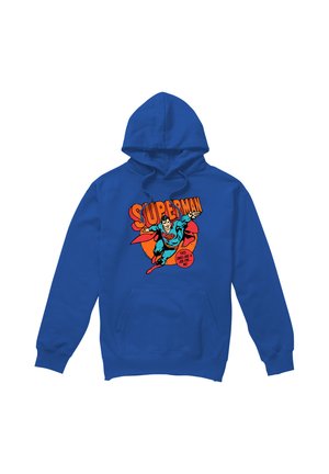 Blue hoodie with flying Superman graphic and text "This looks like a job for me!" in orange and red tones on the front.