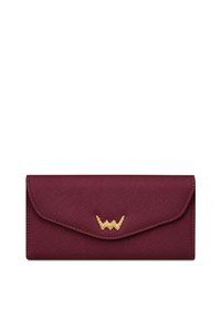 Dark burgundy wallet made of textured material with a flap closure. Features a gold logo accent on the front and stitched edges.