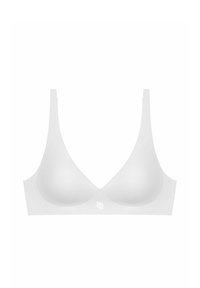 Biały biustonosz o gładkiej fakturze, bezszwowym fasonie i miękkich miseczkach. Posiada cienkie ramiączka i subtelne logo na środku.