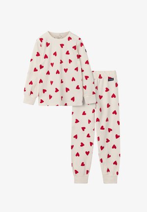 Witte pyjama set met lange mouwen en rode hartjespatronen; bestaat uit een top met manchetten en een broek met elastische tailleband en enkelmanchetten.