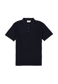 Marineblaues Poloshirt aus strukturiertem Stoff, mit klassischem Kragen, Dreiknopf-Leiste und kurzen Ärmeln. Schlichtes Design ohne Muster.