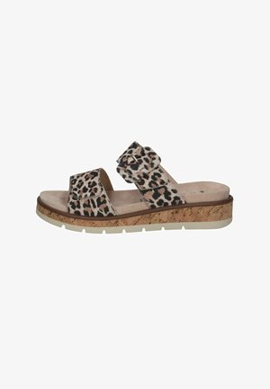 Sandalo da donna con stampa leopardata, due cinturini regolabili, suola platform in sughero e suola esterna in gomma bianca.