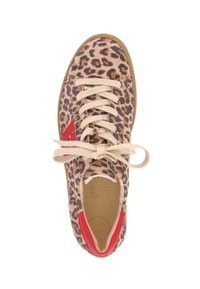 Leopard print sneaker with beige canvas upper, cream laces, and red heel accent. Features cushioned insole and rounded toe design.