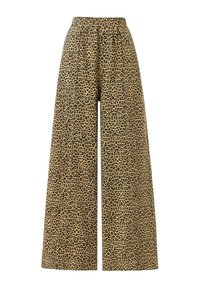 Pantalon large en tissu léger avec un fond beige et un motif léopard noir. Dispose d'une taille élastique pour un confort optimal.