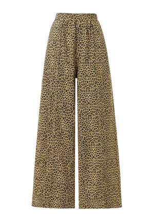 Wijde broek van lichtgewicht stof met een tan achtergrond en zwart luipaardpatroon. Voorzien van een elastische tailleband voor comfort.