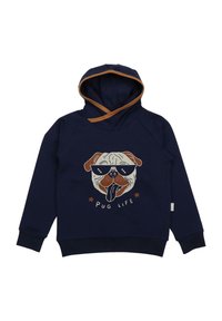 Marineblauer Hoodie mit Kängurutasche und braunen Akzenten. Wird von einem Mops-Grafik begleitet, der eine Sonnenbrille trägt, mit dem Text "PUG LIFE" und gerippten Bündchen.