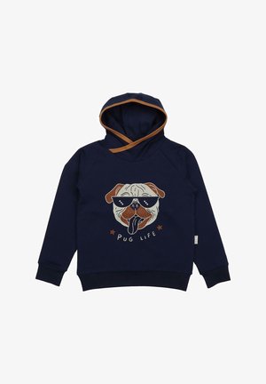 Navy hoodie with kangaroo pocket and brown accents. Features a pug graphic wearing sunglasses, text "PUG LIFE," and ribbed cuffs.