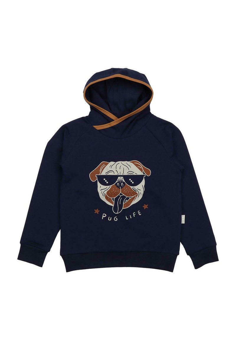 Marineblauer Hoodie mit Kängurutasche und braunen Akzenten. Wird von einem Mops-Grafik begleitet, der eine Sonnenbrille trägt, mit dem Text "PUG LIFE" und gerippten Bündchen.