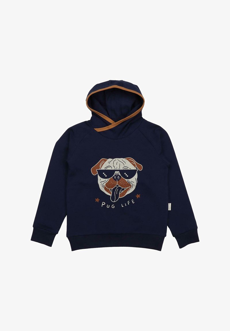 Marineblauer Hoodie mit Kängurutasche und braunen Akzenten. Wird von einem Mops-Grafik begleitet, der eine Sonnenbrille trägt, mit dem Text "PUG LIFE" und gerippten Bündchen.