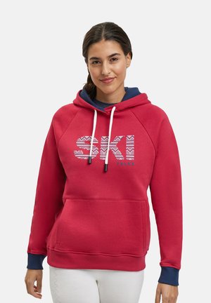 Rode hoodie met een marineblauwe gevoerde capuchon, voorzak, witte trekkoordjes en een ski-thema grafiek in een ingewikkeld patroon. Van katoen, met een relaxte pasvorm.