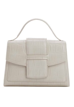Small beige handbag with crocodile texture, rectangular shape, top handle, and large front flap closure with matching textured buckle.