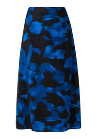 Long, black skirt with blue abstract floral pattern. Made of lightweight fabric, it features a smooth texture and a flowing silhouette.