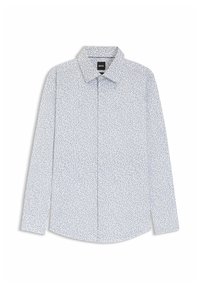 Langärmliges Hemd mit Knopfleiste aus hellblauem Stoff mit kleinen, marineblauen Blattmustern; klassischer Kragen und abgerundeter Saum. Markenlabel sichtbar.