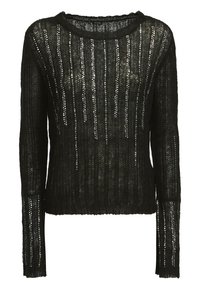 Pull en tricot noir à manches longues, présentant un motif texturé et des accents métalliques qui courent verticalement à travers le tissu.