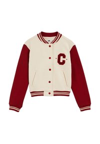 Gräddfärgad och bourgogny varsity-jacka med ribbade manschetter och krage, har en röd 'C' patch och två sidofickor, tryckknappsstängning.