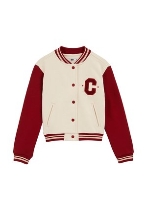 Cremfarbener und burgunderroter College-Jacke mit gerippten Bündchen und Kragen, ausgestattet mit einem roten 'C'-Patch und zwei seitlichen Taschen, Druckknopfverschluss.
