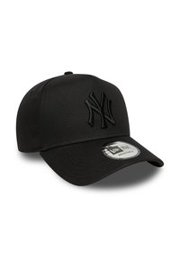 Black baseball cap made of structured fabric, featuring an embroidered logo on the front, and a curved visor. Adjustable strap at the back.