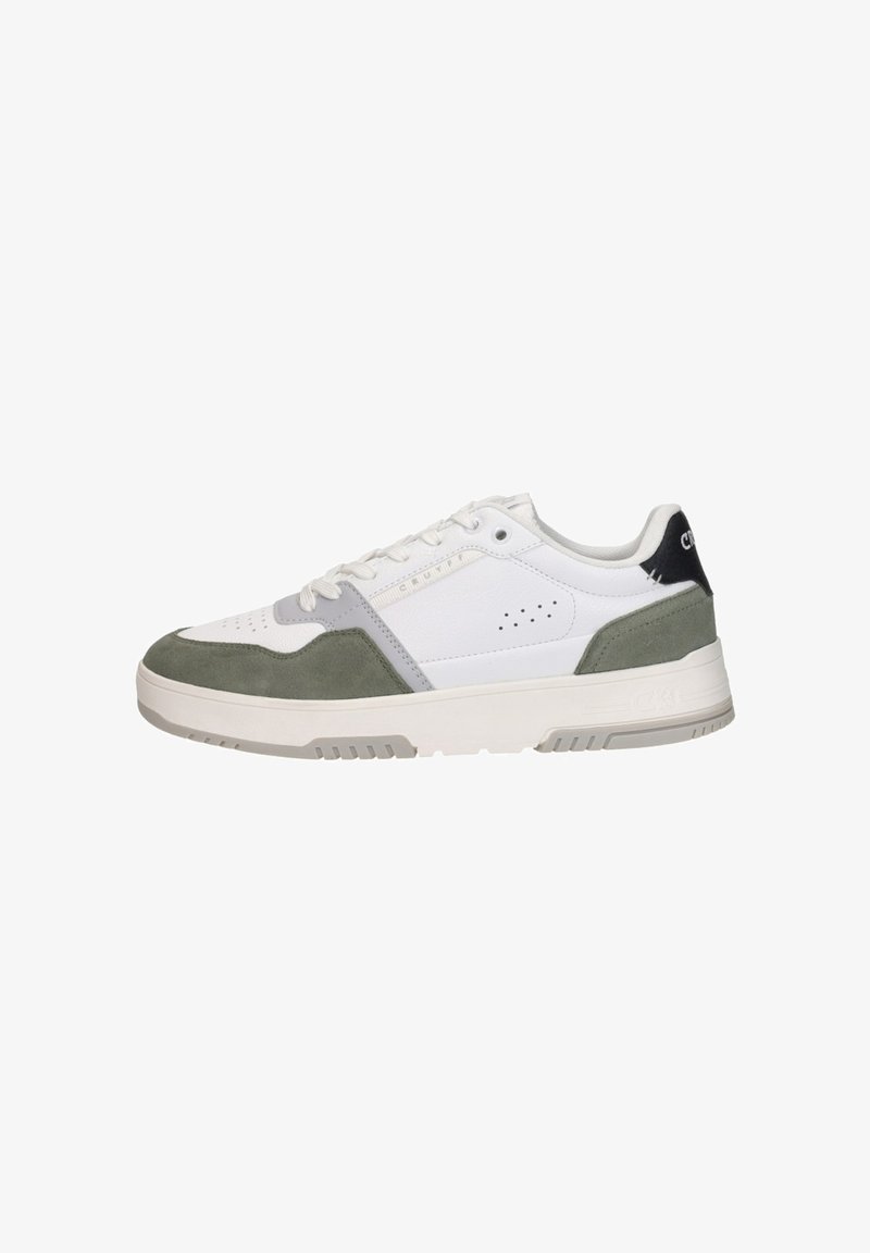 White and olive green low-top sneaker with perforations, lace-up closure, and black heel tab with branding.