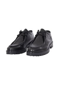 Scarpe in pelle nera con superficie liscia, punta arrotondata e cuciture decorative. Presentano una suola in gomma spessa con un motivo di battistrada.