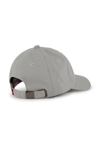 Gray baseball cap with a curved brim, adjustable fabric strap, and metal buckle. Features stitched ventilation holes on the sides.