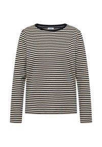 Haut à manches longues couleur crème avec des rayures horizontales bleu marine ; doté d'un col rond et fabriqué en tissu de coton doux.