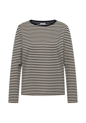 Haut à manches longues couleur crème avec des rayures horizontales bleu marine ; doté d'un col rond et fabriqué en tissu de coton doux.