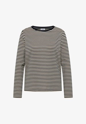 Top de manga larga en color crema con rayas horizontales marinas; presenta un cuello redondo y está hecho de tejido de algodón suave.