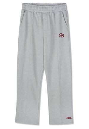 Light gray sweatpants with elastic waistband, side pockets, and small maroon logos on upper thigh and near hem.