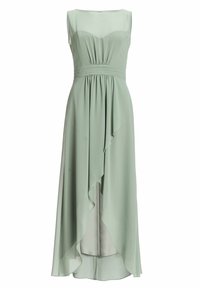 Abito verde menta realizzato in chiffon fluente, con design senza maniche, vita arricciata e orlo asimmetrico caratterizzato da eleganti drappeggi.